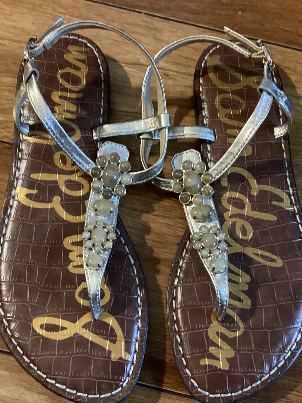 Sam Edelman Silver Beaded T-Strap Women's Sandals Size 6